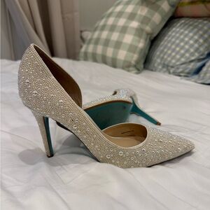 Betsey Johnson Pearl-Studded Cream Heels